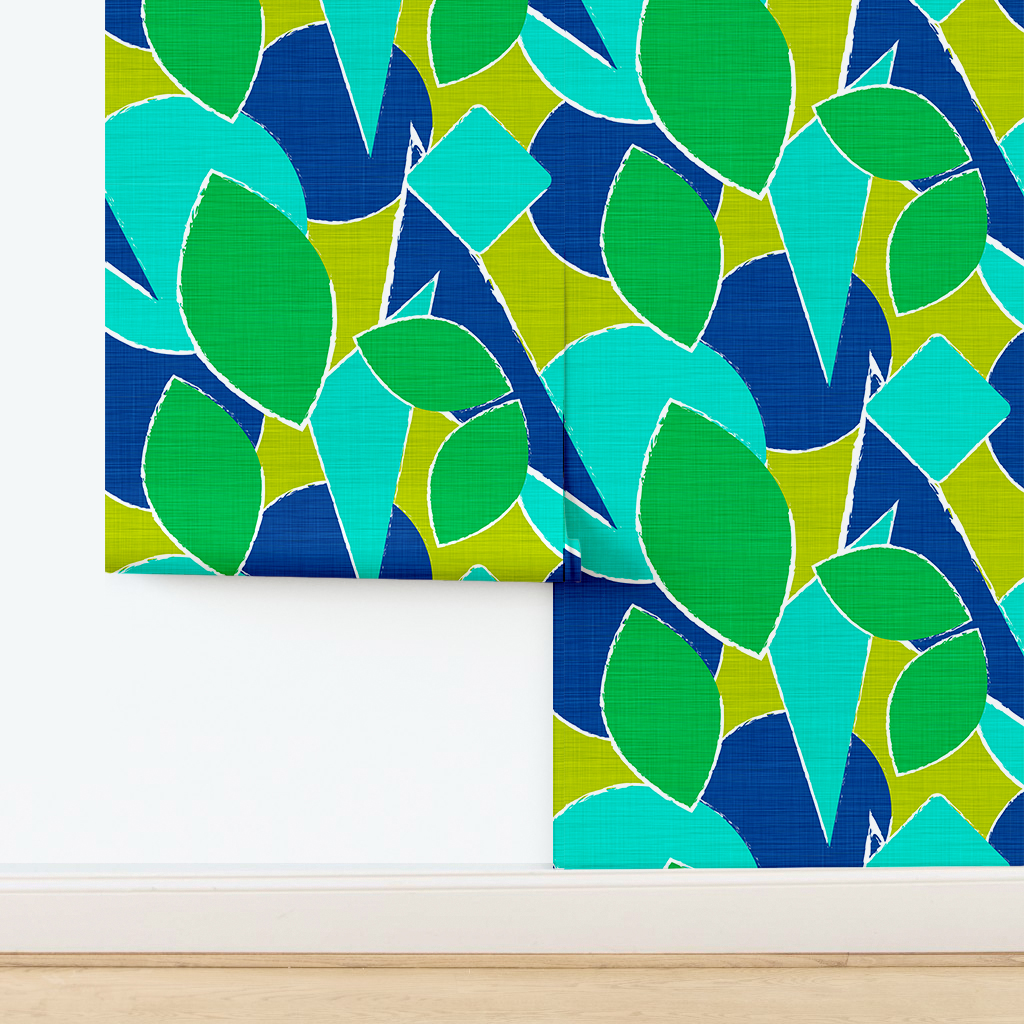 An abstract composition featuring irregular, rounded shapes in vibrant colors. The main colors include bright green, lime green, turquoise, and dark blue, all separated by white, jagged outlines. The shapes overlap and intersect dynamically, forming an energetic and playful pattern. The overall texture has a fabric-like appearance with subtle horizontal and vertical lines running through the colors.
